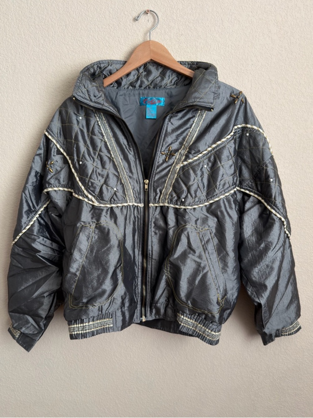 Vintage Pearl Rope Trim Quilted Bomber Jacket M Gray Western 80s 90s Y2K Colin's
